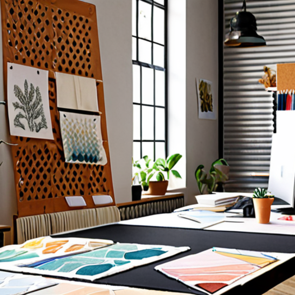 Sustainable Textile Design Studio**

A bright, modern textile design studio filled with natural light. Focus on eco-friendly materials like organic cotton, recycled polyester fabrics, and plant-based dyes. Include sketches, mood boards displaying textures and color palettes, and a designer working on a digital print design on a computer. Emphasize sustainability, innovation, and a blend of traditional techniques with digital technology.

**