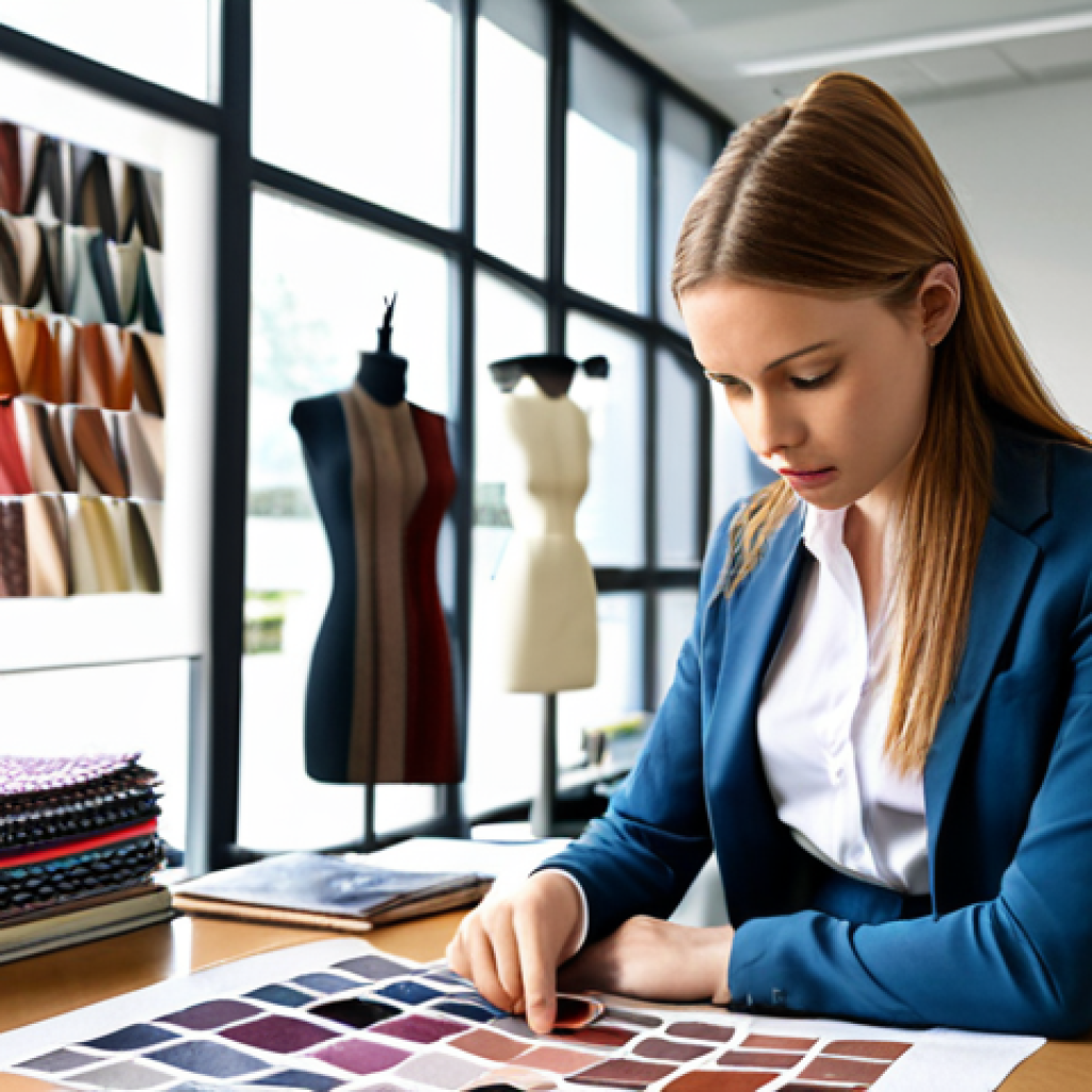 **

A confident young professional in a modern office, reviewing fabric samples. Books on textile design and quality control are visible in the background. The overall impression is one of competence and career advancement in the textile industry.

**
