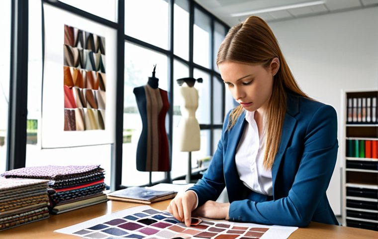 **

A confident young professional in a modern office, reviewing fabric samples. Books on textile design and quality control are visible in the background. The overall impression is one of competence and career advancement in the textile industry.

**