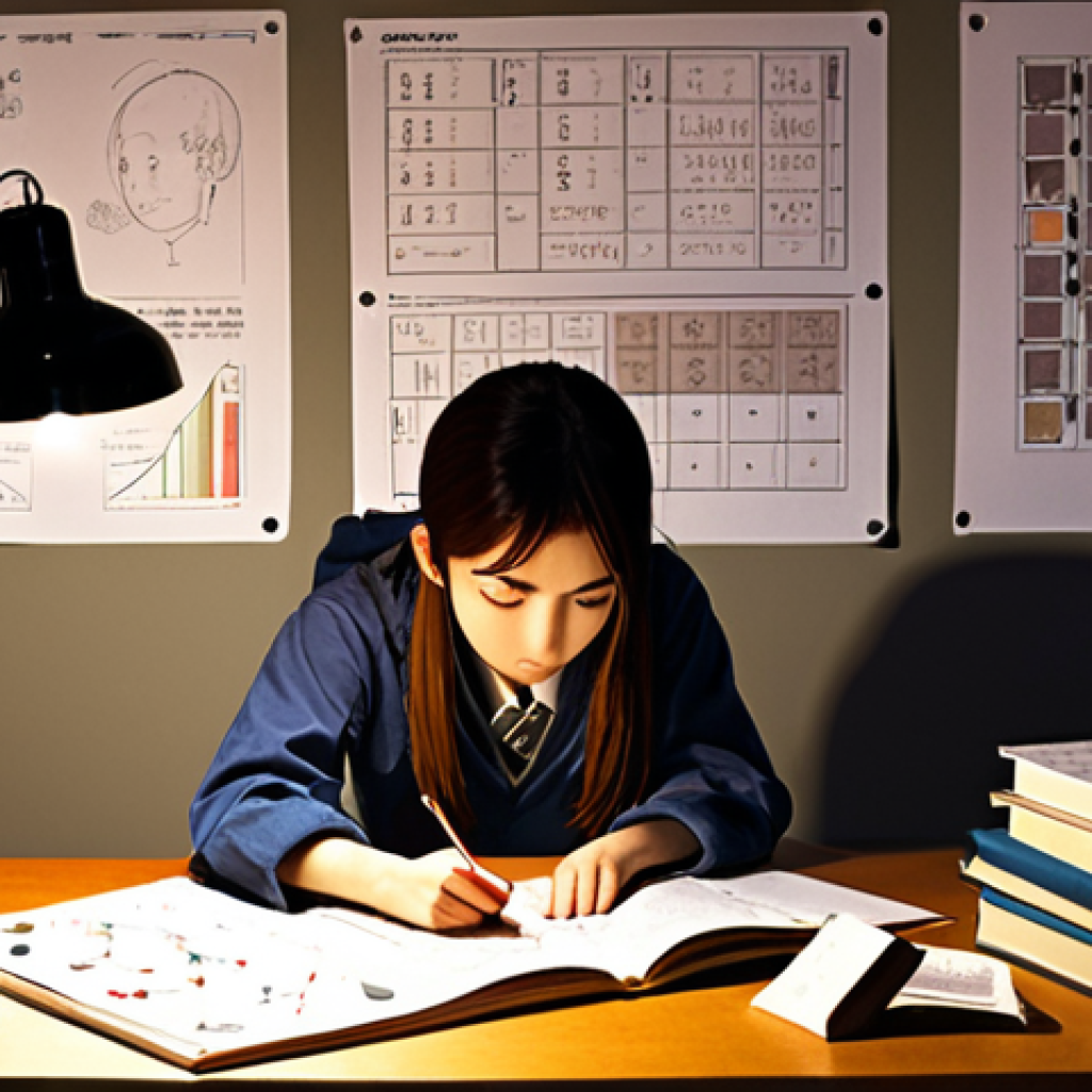 **

A student looking stressed but determined, surrounded by scattered textbooks and fabric swatches. They are illuminated by a desk lamp, focused on a complex textile diagram.  The scene should evoke a sense of late-night studying for the Textile Engineer Practical Exam. Include elements like a coffee cup and a handwritten note with Japanese characters related to textile techniques. Style: Anime-inspired, detailed, with a slightly desaturated color palette.

**