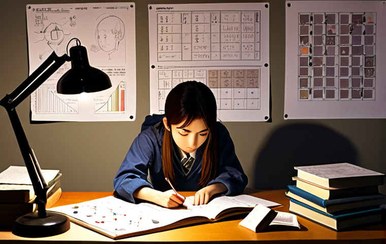 **

A student looking stressed but determined, surrounded by scattered textbooks and fabric swatches. They are illuminated by a desk lamp, focused on a complex textile diagram.  The scene should evoke a sense of late-night studying for the Textile Engineer Practical Exam. Include elements like a coffee cup and a handwritten note with Japanese characters related to textile techniques. Style: Anime-inspired, detailed, with a slightly desaturated color palette.

**