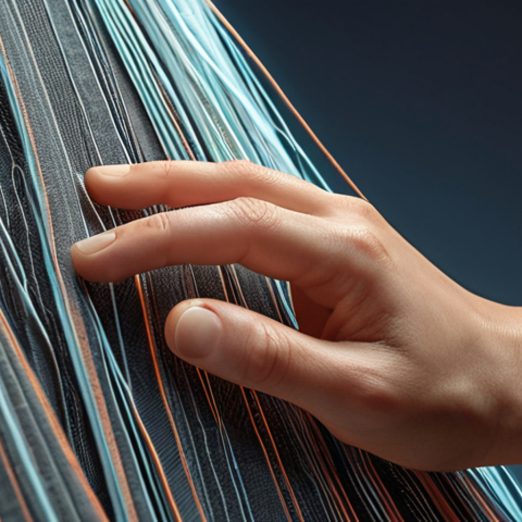 A close-up shot of a human hand gently touching a piece of advanced textile fabric, featuring intricate weaves and subtle, futuristic glowing threads that suggest hidden properties. The scene is bathed in soft, inviting studio light, emphasizing the fabric's texture and creating a sense of wonder and discovery in innovative textile engineering. Highly detailed, photorealistic, masterpiece.