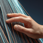 A close-up shot of a human hand gently touching a piece of advanced textile fabric, featuring intricate weaves and subtle, futuristic glowing threads that suggest hidden properties. The scene is bathed in soft, inviting studio light, emphasizing the fabric's texture and creating a sense of wonder and discovery in innovative textile engineering. Highly detailed, photorealistic, masterpiece.