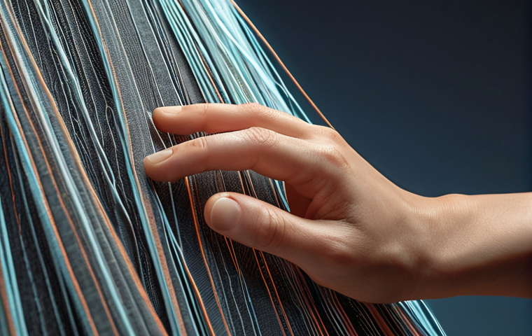 A close-up shot of a human hand gently touching a piece of advanced textile fabric, featuring intricate weaves and subtle, futuristic glowing threads that suggest hidden properties. The scene is bathed in soft, inviting studio light, emphasizing the fabric's texture and creating a sense of wonder and discovery in innovative textile engineering. Highly detailed, photorealistic, masterpiece.