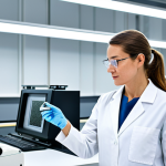 A professional female textile engineer in a pristine, brightly lit research laboratory, wearing a white lab coat over modest professional attire. She is carefully examining a delicate sample of sustainable fabric made from recycled materials, with advanced machinery for bio-deplasticization and fiber regeneration visible in the background. The scene emphasizes cutting-edge sustainable material development and environmental innovation. fully clothed, appropriate attire, safe for work, professional, perfect anatomy, correct proportions, natural pose, well-formed hands, proper finger count, natural body proportions, high-resolution, professional photography.