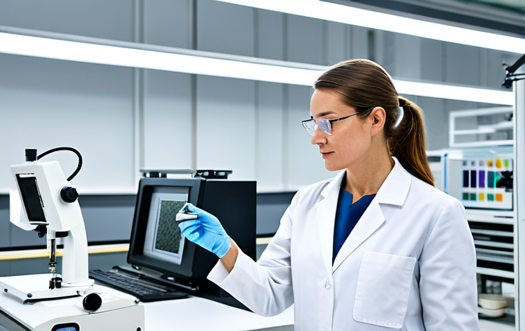A professional female textile engineer in a pristine, brightly lit research laboratory, wearing a white lab coat over modest professional attire. She is carefully examining a delicate sample of sustainable fabric made from recycled materials, with advanced machinery for bio-deplasticization and fiber regeneration visible in the background. The scene emphasizes cutting-edge sustainable material development and environmental innovation. fully clothed, appropriate attire, safe for work, professional, perfect anatomy, correct proportions, natural pose, well-formed hands, proper finger count, natural body proportions, high-resolution, professional photography.