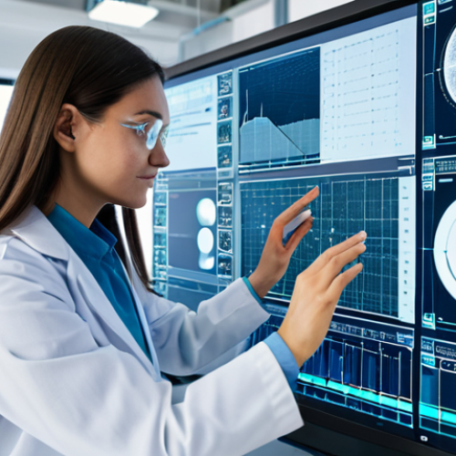 A professional female scientist, dressed in a modest lab coat over appropriate attire, meticulously analyzing data on a holographic display in a clean, brightly lit modern textile research laboratory. Around her, transparent screens show intricate diagrams of smart textiles with embedded sensors and complex data visualizations. Samples of advanced, conductive fabrics are neatly arranged on a workbench. The scene embodies innovation and precision. The lighting is bright and even. safe for work, appropriate content, fully clothed, professional, perfect anatomy, correct proportions, natural pose, well-formed hands, proper finger count, natural body proportions, high quality, professional photography.