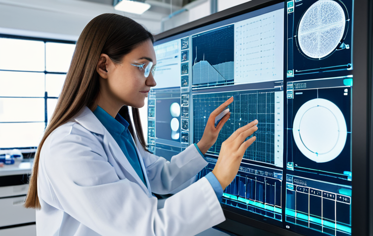 A professional female scientist, dressed in a modest lab coat over appropriate attire, meticulously analyzing data on a holographic display in a clean, brightly lit modern textile research laboratory. Around her, transparent screens show intricate diagrams of smart textiles with embedded sensors and complex data visualizations. Samples of advanced, conductive fabrics are neatly arranged on a workbench. The scene embodies innovation and precision. The lighting is bright and even. safe for work, appropriate content, fully clothed, professional, perfect anatomy, correct proportions, natural pose, well-formed hands, proper finger count, natural body proportions, high quality, professional photography.