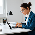 A professional person, gender-neutral, in a quiet, well-lit modern home office. They are seated at a clean, minimalist desk, meticulously reviewing a detailed study schedule on a tablet and making notes in a physical planner. The space is organized with a few textbooks neatly stacked. The individual is fully clothed in professional, modest attire, displaying a focused and diligent expression. The overall atmosphere is calm and conducive to productivity. safe for work, appropriate content, fully clothed, professional, perfect anatomy, correct proportions, natural pose, well-formed hands, proper finger count, natural body proportions.