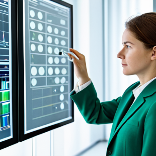 A professional female textile engineer, fully clothed in a modest business suit, stands in a brightly lit, modern research laboratory. She is thoughtfully examining a sample of innovative sustainable fabric, while a large, transparent digital display in the background shows complex data visualizations related to eco-friendly manufacturing processes and material analysis. The lab features sleek, high-tech equipment and subtle green elements, suggesting environmental focus. Perfect anatomy, correct proportions, natural pose, well-formed hands, proper finger count, natural body proportions. Professional photography, high quality, safe for work, appropriate content, professional dress.