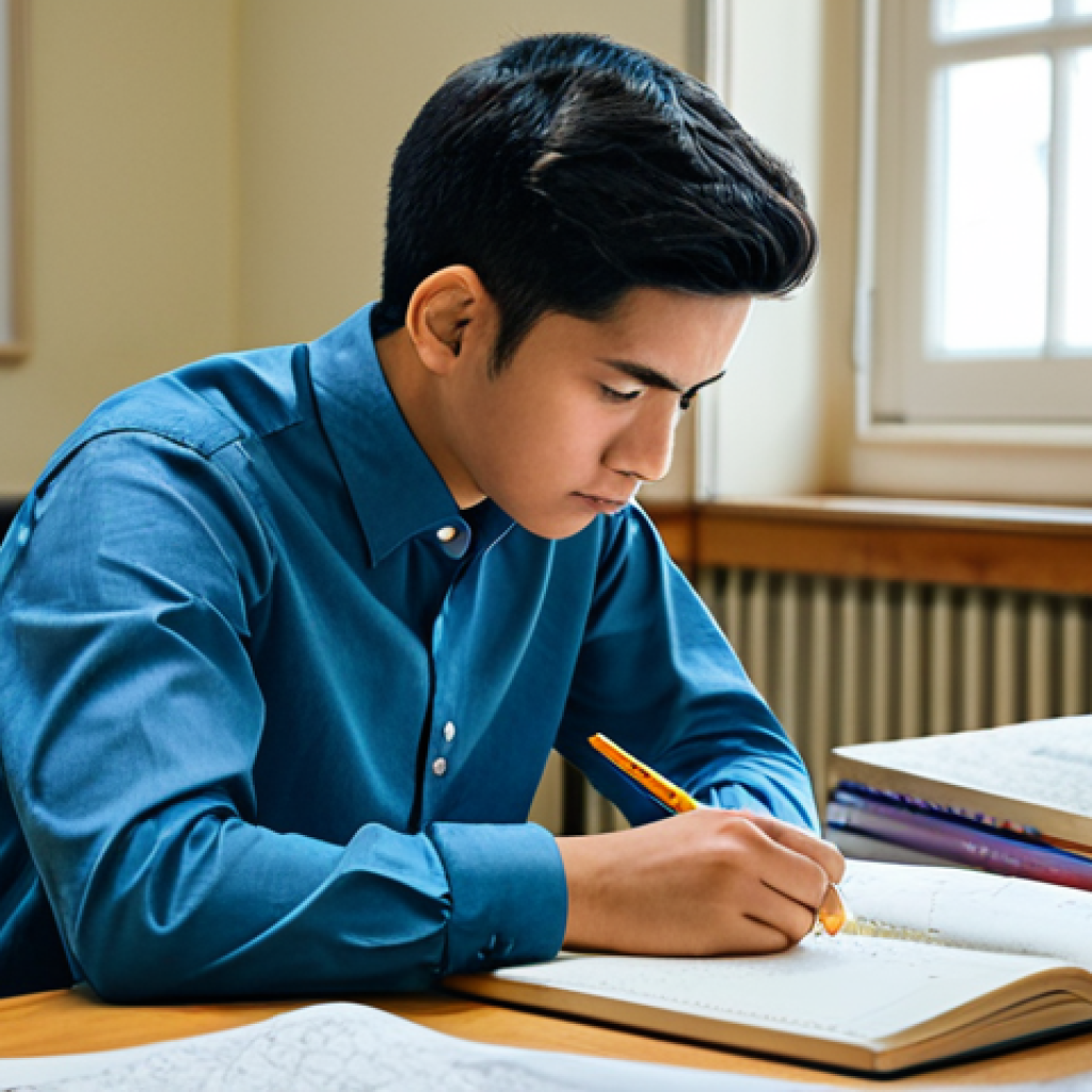 A focused male textile engineering student, fully clothed in a modest collared shirt and neat trousers, sitting at a large wooden desk in a quiet, well-lit study room. On one side of the desk, there is a tall stack of various textbooks and reference materials, slightly disarrayed, conveying an initial feeling of overwhelm. On the other side, the desk is organized, with a neat notebook displaying a colorful, intricate mind map, and a few open textbooks, symbolizing a breakthrough in understanding. Natural light streams in from a window. The student is looking intently at the mind map with a thoughtful, determined expression, perhaps holding a pen. Professional photography, realistic, high-resolution, soft ambient lighting. perfect anatomy, correct proportions, natural pose, well-formed hands, proper finger count, natural body proportions, safe for work, appropriate content, fully clothed, professional dress, modest clothing, family-friendly.