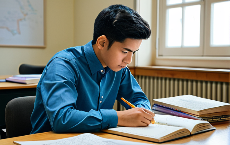 A focused male textile engineering student, fully clothed in a modest collared shirt and neat trousers, sitting at a large wooden desk in a quiet, well-lit study room. On one side of the desk, there is a tall stack of various textbooks and reference materials, slightly disarrayed, conveying an initial feeling of overwhelm. On the other side, the desk is organized, with a neat notebook displaying a colorful, intricate mind map, and a few open textbooks, symbolizing a breakthrough in understanding. Natural light streams in from a window. The student is looking intently at the mind map with a thoughtful, determined expression, perhaps holding a pen. Professional photography, realistic, high-resolution, soft ambient lighting. perfect anatomy, correct proportions, natural pose, well-formed hands, proper finger count, natural body proportions, safe for work, appropriate content, fully clothed, professional dress, modest clothing, family-friendly.