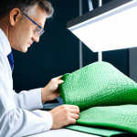 **

A skilled textile engineer, fully clothed in professional attire, meticulously examining a sustainable fabric sample under bright laboratory lights. Focus on detail and texture of the fabric. Safe for work, appropriate content, perfect anatomy, natural proportions, professional.

**