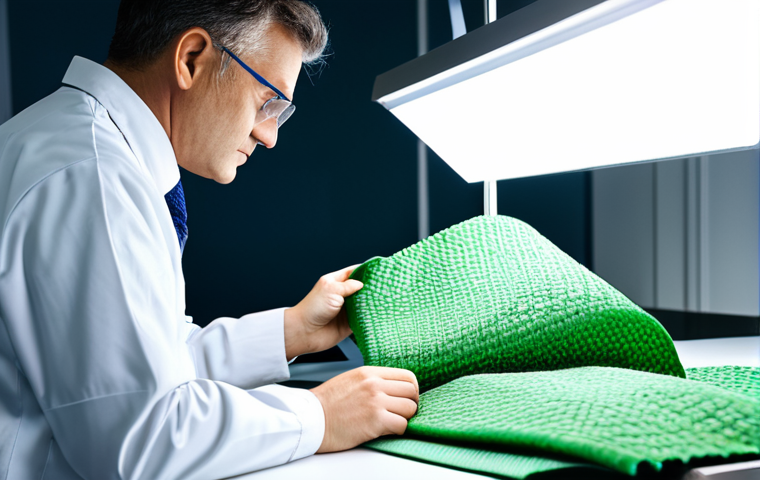 **

A skilled textile engineer, fully clothed in professional attire, meticulously examining a sustainable fabric sample under bright laboratory lights. Focus on detail and texture of the fabric. Safe for work, appropriate content, perfect anatomy, natural proportions, professional.

**