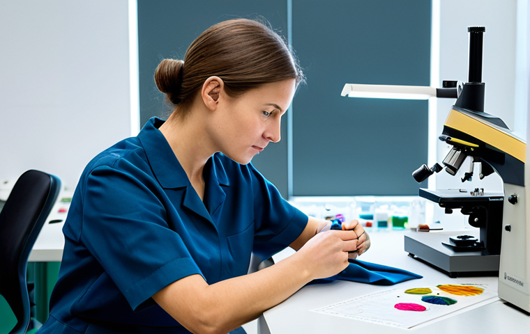 **

A focused textile engineer, fully clothed in appropriate attire, examining a fabric sample under a microscope in a bright, modern laboratory. Safe for work, professional, perfect anatomy, natural proportions, high quality, well-formed hands, proper finger count. The background includes textile machinery and spools of colorful thread. Modest dress, appropriate content, family-friendly.

**