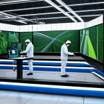 Smart Factory Visualization**

"A bright, modern textile smart factory interior. Robots are weaving fabric with precision, overseen by engineers in professional attire working at holographic displays. Advanced monitoring systems show real-time data analysis. Lush greenery incorporated into the factory design. Clean, efficient, and innovative. Safe for work, appropriate content, fully clothed, professional, family-friendly, perfect anatomy, correct proportions, natural pose, well-formed hands, proper finger count, natural body proportions."

**