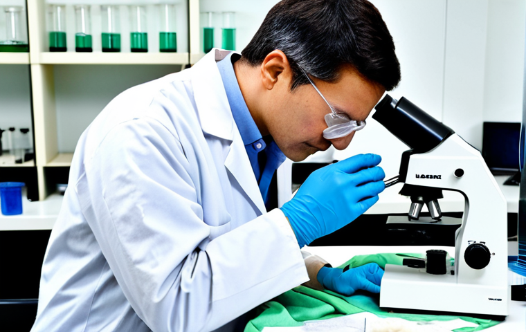 **

"A bright, modern textile laboratory. A fully clothed scientist in a professional lab coat examines a sample of recycled fiber under a microscope. Beakers and testing equipment are visible in the background. The atmosphere is clean and innovative. safe for work, appropriate content, fully clothed, professional, perfect anatomy, correct proportions, natural pose, high quality, well-formed hands, proper finger count, natural body proportions, modest clothing."

**