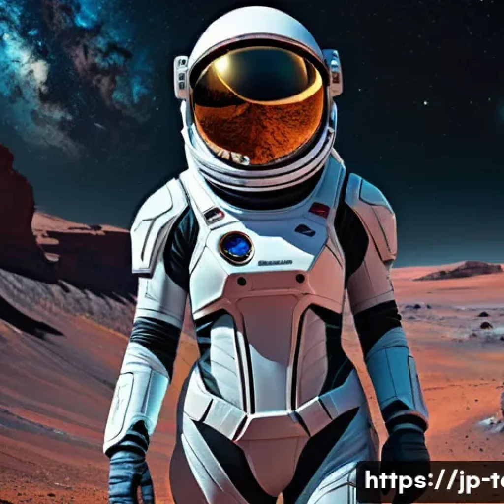 섬유기사와 직업적 성공 방법 - **Prompt: Futuristic Space Explorer with Advanced Textile Suit**
A female astronaut, approximate...