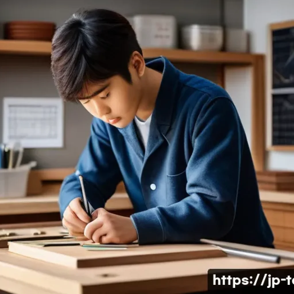 섬유기사 실기시험 준비 전략 - A calm and focused young Japanese student practicing a precise manual skill at a clean workbench, su...