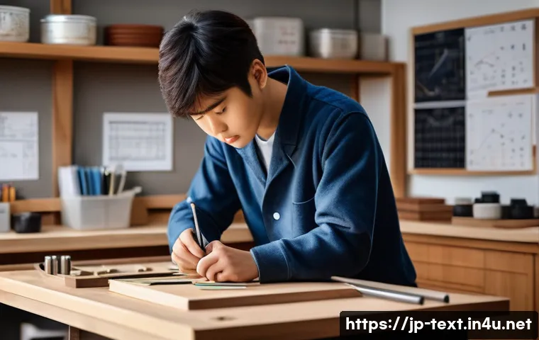 섬유기사 실기시험 준비 전략 - A calm and focused young Japanese student practicing a precise manual skill at a clean workbench, su...