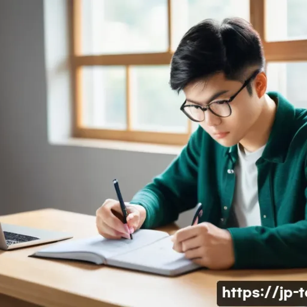 섬유기사 필기 시험 후기 - A modern Japanese study room scene featuring a young adult student planning their efficient study sc...