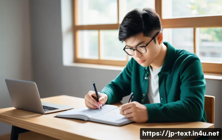 섬유기사 필기 시험 후기 - A modern Japanese study room scene featuring a young adult student planning their efficient study sc...