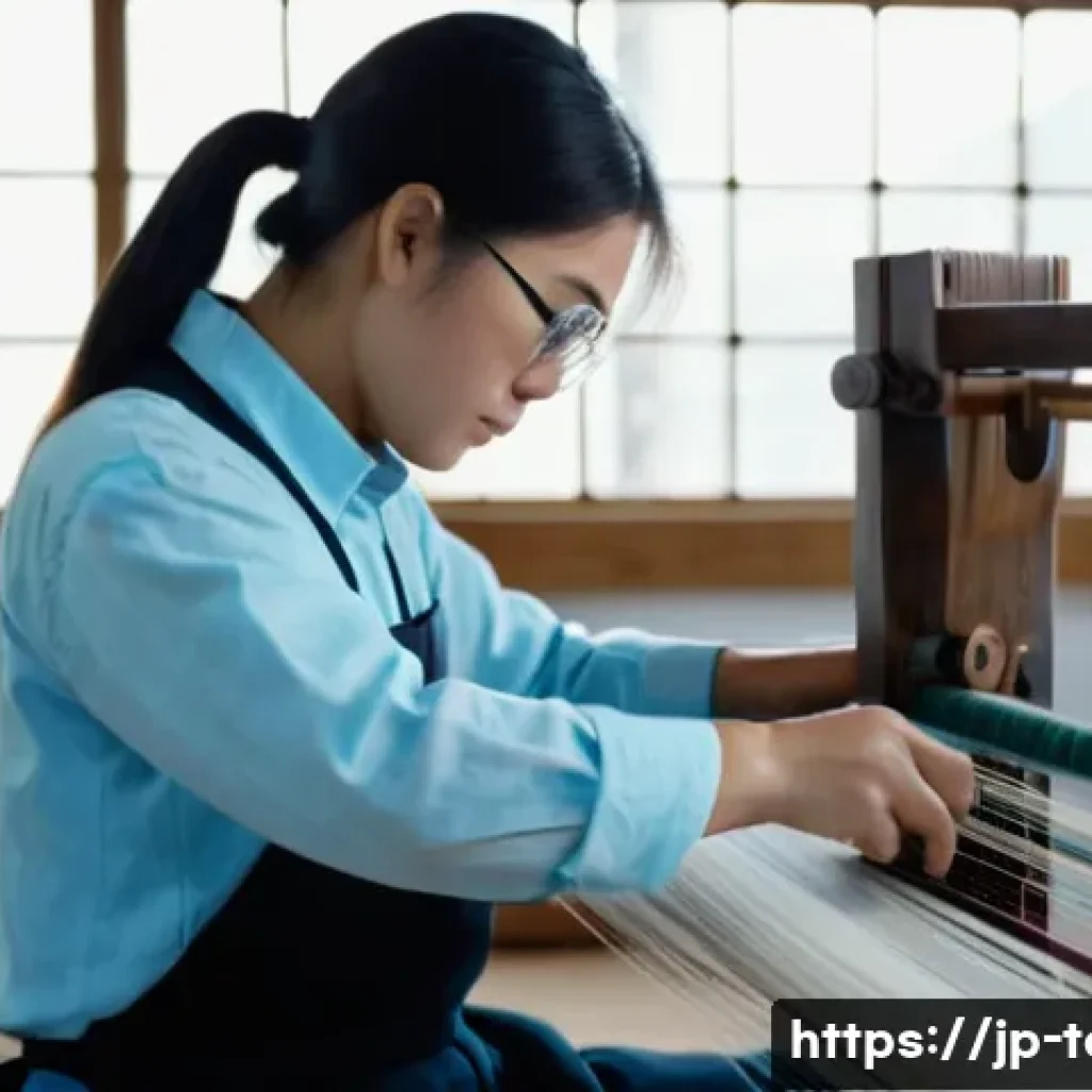 섬유기사 실기 시험 합격 방법 - A detailed scene of a young Japanese textile technician in casual work attire carefully adjusting th...