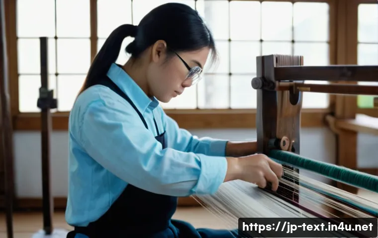 섬유기사 실기 시험 합격 방법 - A detailed scene of a young Japanese textile technician in casual work attire carefully adjusting th...