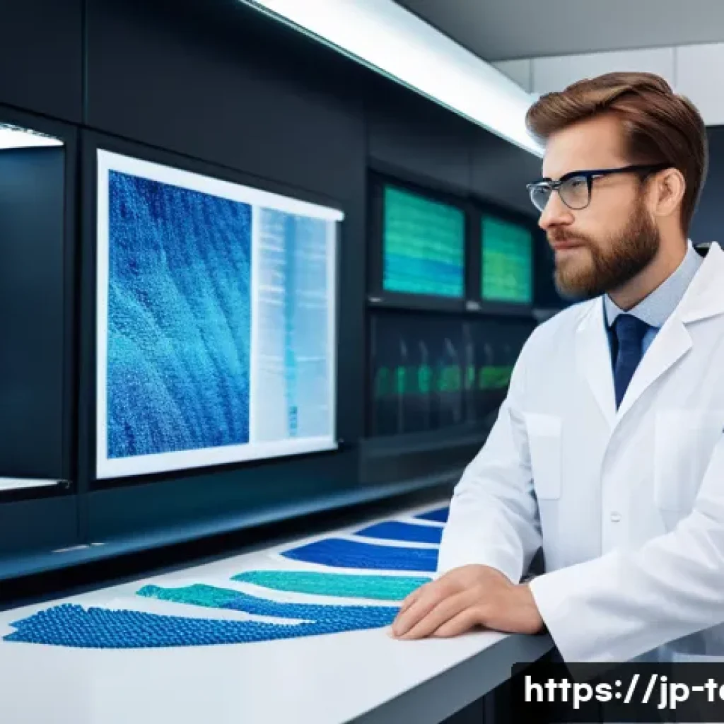 섬유기사 자격증의 미래 전망 - A modern textile engineer in a sleek, high-tech laboratory, surrounded by futuristic fabric samples ...