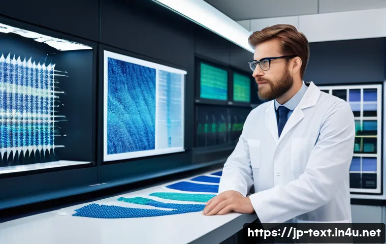 섬유기사 자격증의 미래 전망 - A modern textile engineer in a sleek, high-tech laboratory, surrounded by futuristic fabric samples ...
