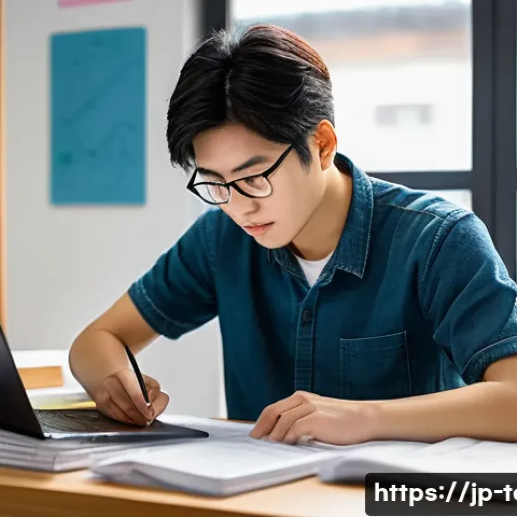 섬유기사 필기시험 예상문제 - A focused Japanese textile technician studying diligently at a modern desk, surrounded by detailed t...