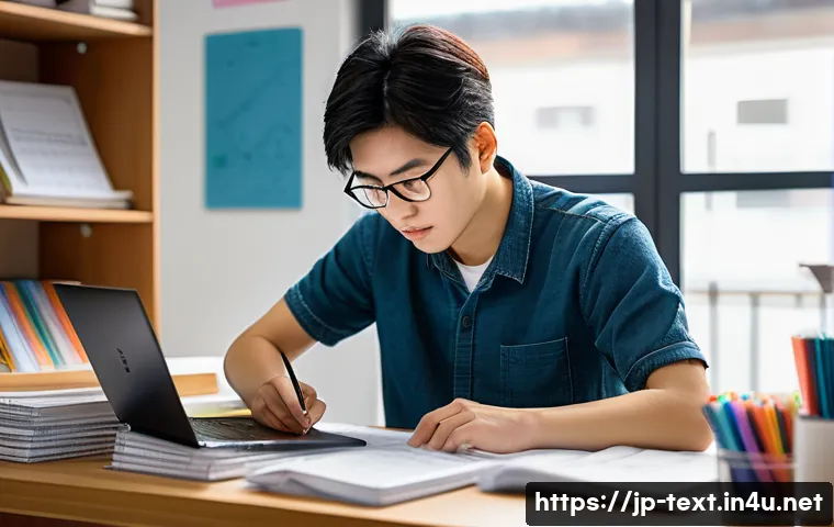 섬유기사 필기시험 예상문제 - A focused Japanese textile technician studying diligently at a modern desk, surrounded by detailed t...