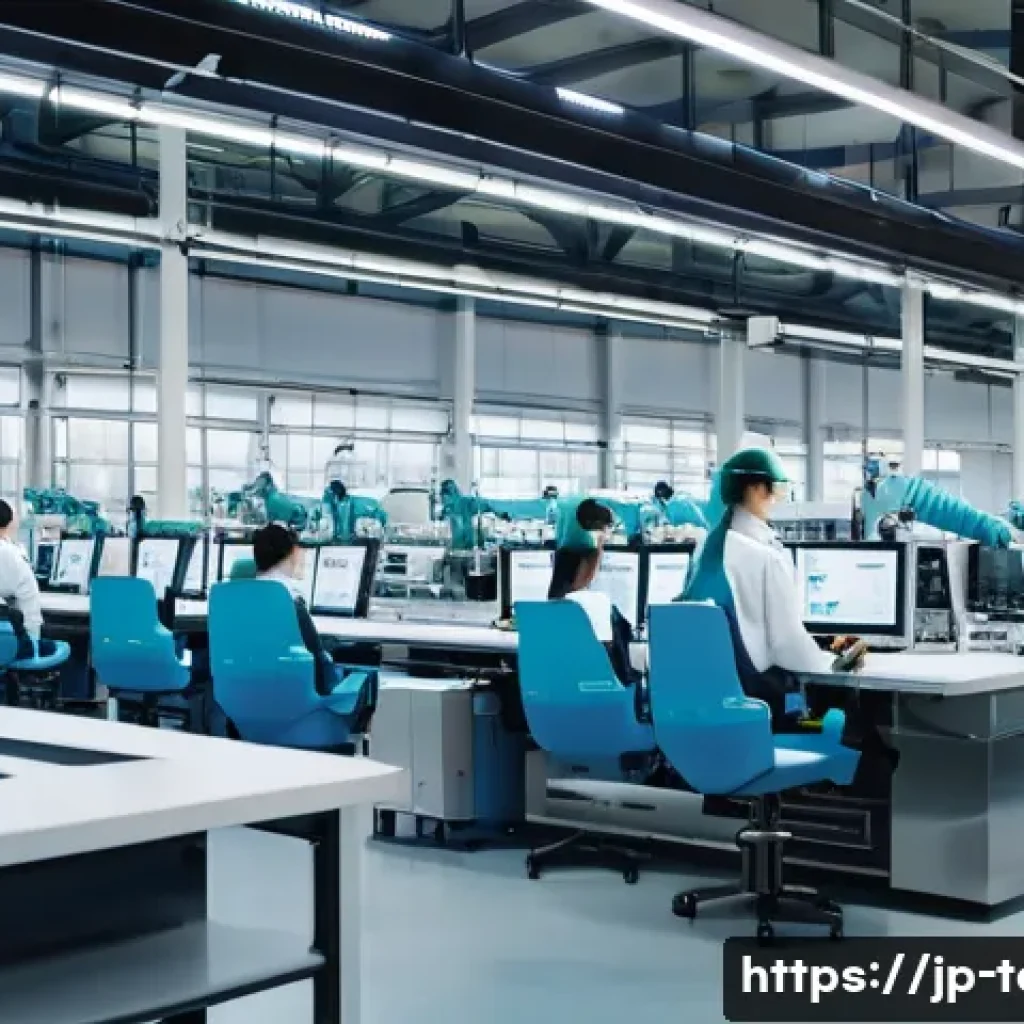 섬유기사와 관련 직업군의 특징 - A modern textile factory interior showcasing advanced smart manufacturing technology: robotic arms w...