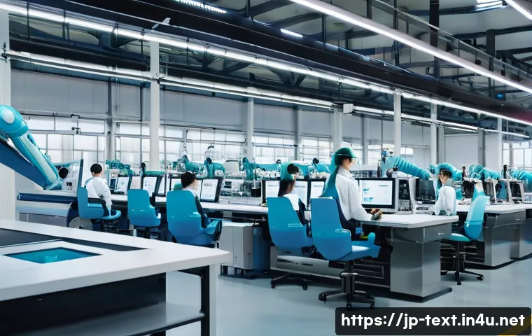 섬유기사와 관련 직업군의 특징 - A modern textile factory interior showcasing advanced smart manufacturing technology: robotic arms w...