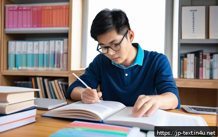 섬유기사 교재 선택 요령 - A focused Japanese adult student studying textile technology at a modern desk filled with textbooks,...
