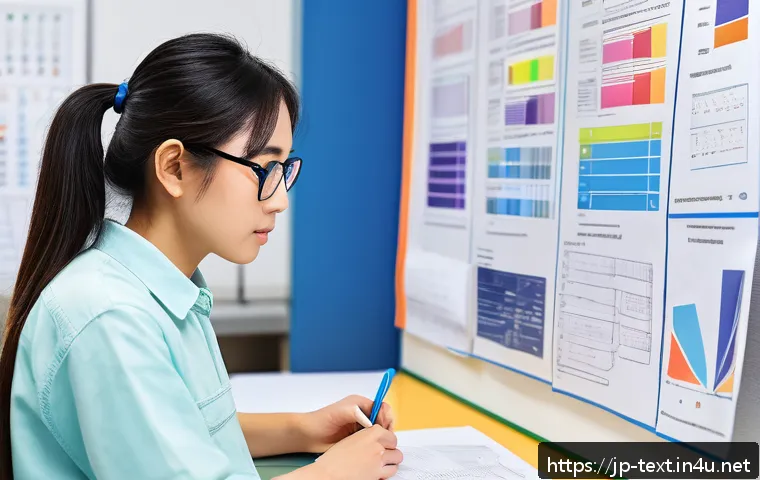 섬유기사 필기시험 대비 자료 - A focused Japanese adult student studying textile engineering at a modern desk, surrounded by neatly...
