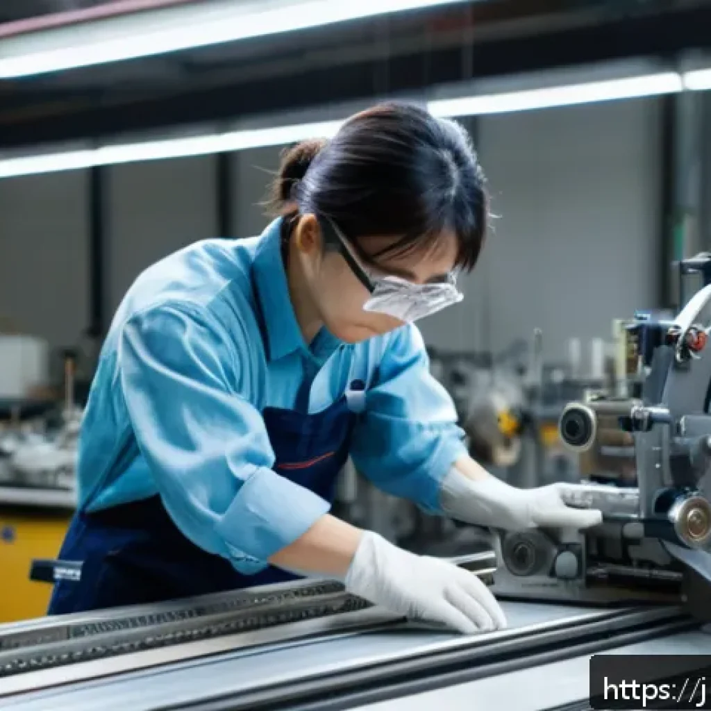 섬유기사 실기시험 대비 방법 - A focused scene of a Japanese textile technician in a modern workshop, wearing neat work clothes and...