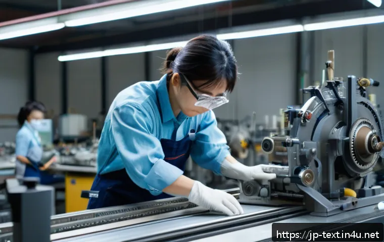 섬유기사 실기시험 대비 방법 - A focused scene of a Japanese textile technician in a modern workshop, wearing neat work clothes and...