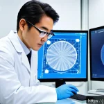 섬유기사와 시험 관련 포럼 - A high-tech textile laboratory scene featuring a skilled technician examining ultra-fine nanofibers ...