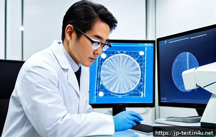 섬유기사와 시험 관련 포럼 - A high-tech textile laboratory scene featuring a skilled technician examining ultra-fine nanofibers ...