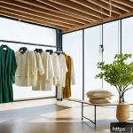 섬유기사와 의류 제조업 - A futuristic fashion studio showcasing sustainable bio-based fibers made from seaweed, featuring a v...