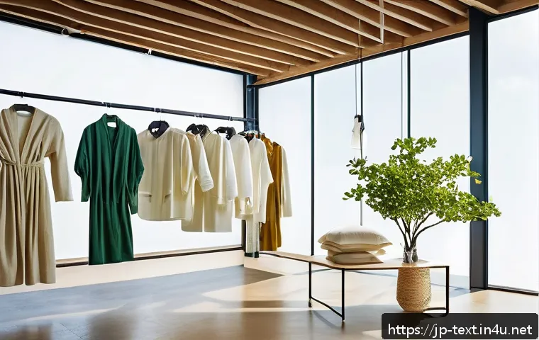 섬유기사와 의류 제조업 - A futuristic fashion studio showcasing sustainable bio-based fibers made from seaweed, featuring a v...