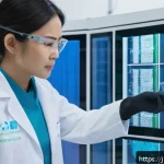 섬유기사 취득 후 경력 개발 - A modern textile engineer in a clean, high-tech laboratory setting, wearing professional work attire...