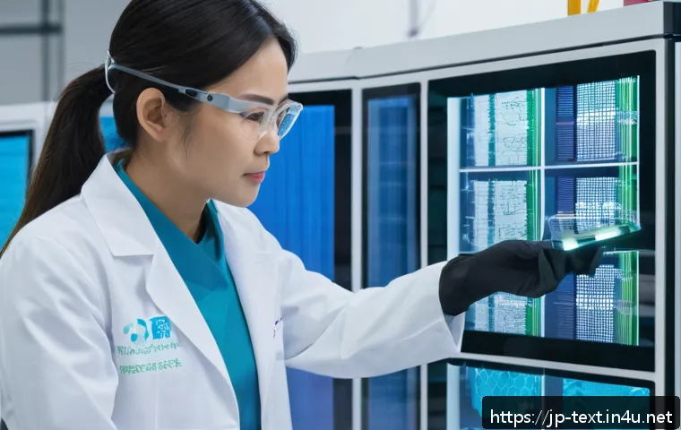 섬유기사 취득 후 경력 개발 - A modern textile engineer in a clean, high-tech laboratory setting, wearing professional work attire...