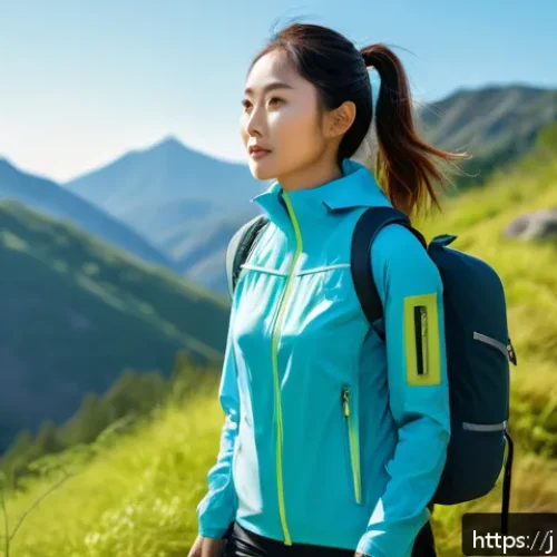 섬유기사와 섬유 제품 개발 - A futuristic outdoor sportswear scene featuring a young Japanese woman wearing stylish, lightweight ...