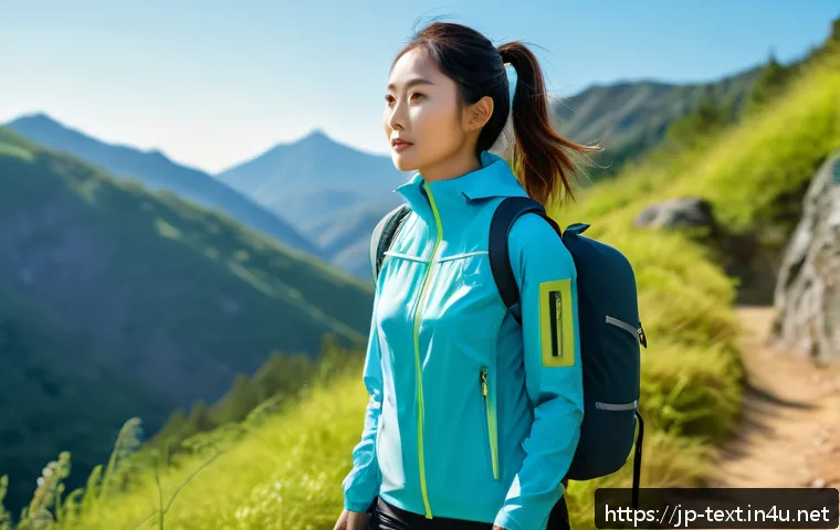 섬유기사와 섬유 제품 개발 - A futuristic outdoor sportswear scene featuring a young Japanese woman wearing stylish, lightweight ...