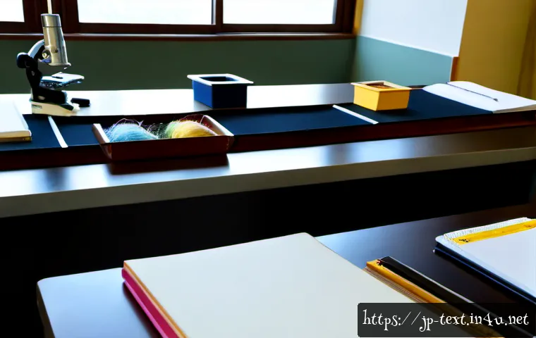 섬유기사 필기시험 빈출 주제 - Photorealistic textile engineering study desk in a modern Japanese vocational school, neatly arrange...