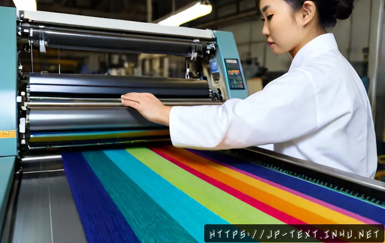 섬유기사 자격증 취득 후 커리어 패스 - Photorealistic Japanese textile engineer in clean protective workwear inspecting colorful woven fabr...