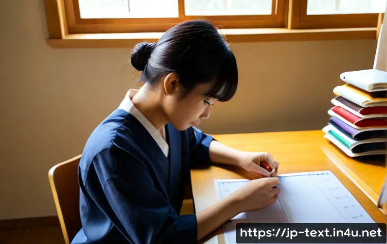섬유기사 필기시험의 고득점 전략 - Photorealistic Japanese textile engineering student in a neat home study room, carefully organizing ...