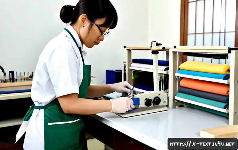 섬유기사 실기시험 연습 문제 - Photorealistic textile engineering practical exam practice scene in a clean Japanese vocational trai...